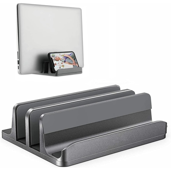 Dobbelt justerbar lodret bærbar stativ Nydesignet 2 slots aluminium desktop dobbeltholder (op til 17,3 tommer)