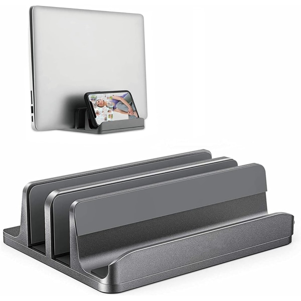 Dobbelt justerbar vertikal bærbar computer stand Nydesignet 2 slots aluminium skrivebords dobbelt holder (op til 17,3 tommer)