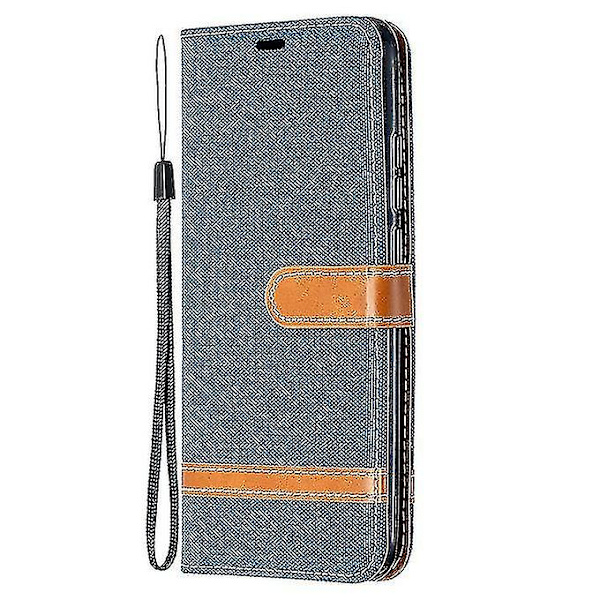 Xiaomi Redmi 9a:lle väriä vastaava denim-tekstuurilla varustettu vaakasuora nahkainen lompakko (tummansininen)