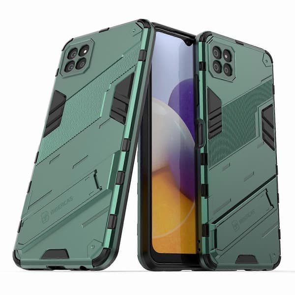Vikbart stödställ PC + TPU Hybrid Telefonfodral Baksida för Samsung Galaxy A22 5G (EU-version) - Grå Green