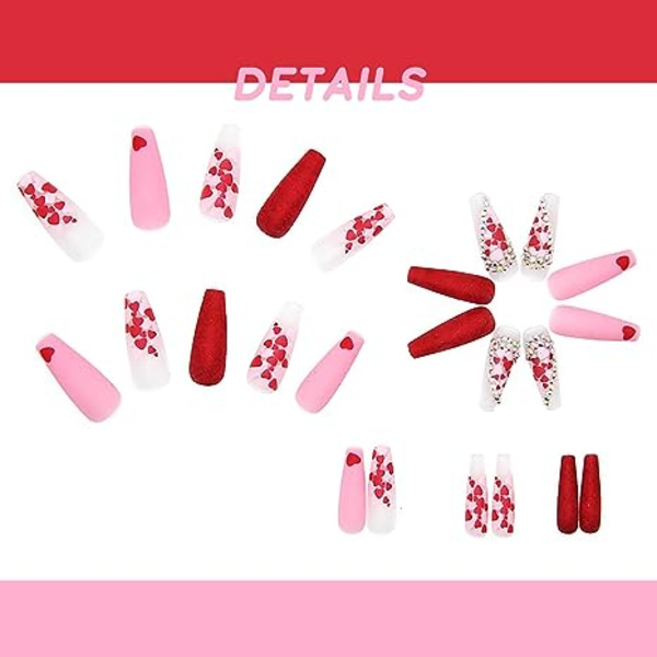 Valentines Press on Nails Long Coffin Nails Röd Rosa Hjärta Full Cover Falska Naglar med Rhinestones Akryl Naglar Matt Artificiella Naglar Valentines Stic