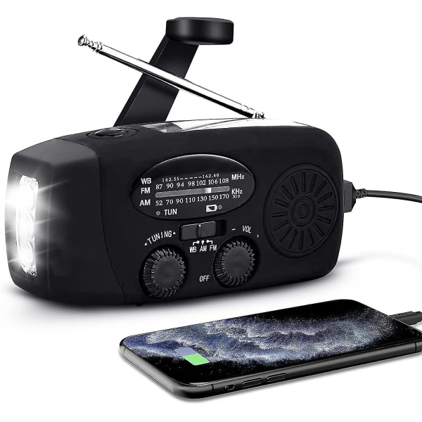 Nödväderradio, solcellsladdad handvevad nöd-FM/AM/NOAA-radio med 3 LED-ficklampor