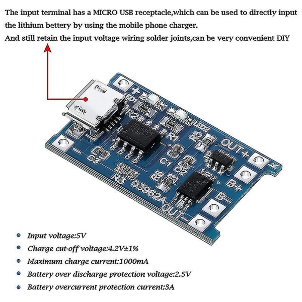 För Tp4056 Laddningsmodul Laddningskort Med 18650 Bms 5v -usb 1a 1865