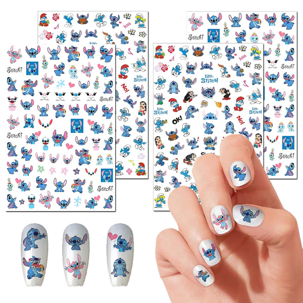 Stitch Nail Art Tarrat Söpöt sarjakuvat Nail Art Decals 3D Itsekiinnittyvä kynsitarra Kawaii Designer Anime Kynsitarrat Tytöille Lapset Naiset Manikyyri