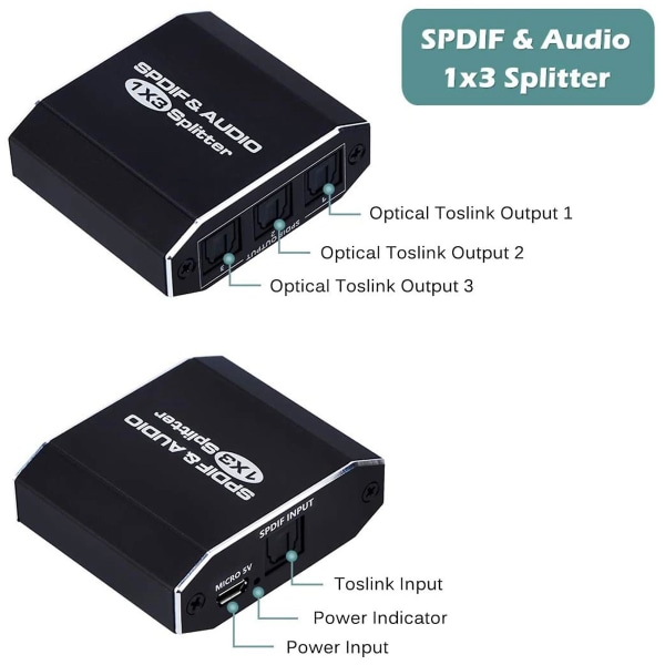 Digital optisk lydsplitter 1x3, Spdif Toslink optisk fiber lydsplitter 1 inn 3 ut aluminium