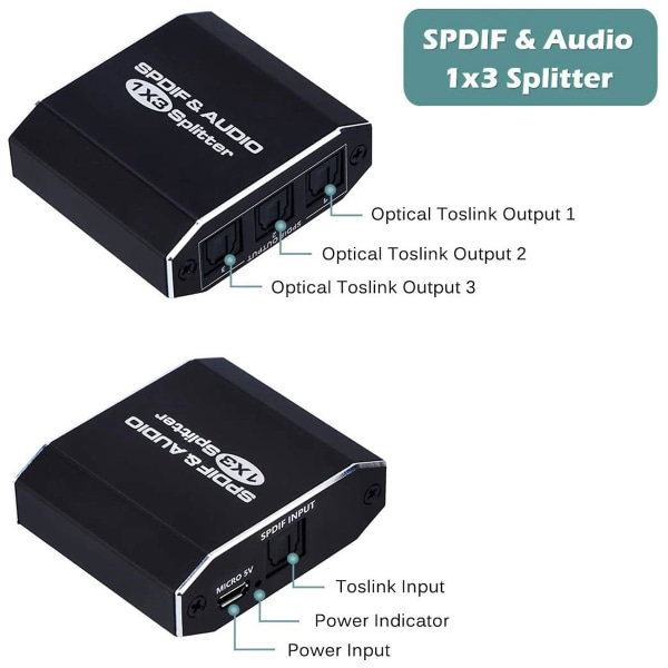 Digital optisk lydsplitter 1x3, Spdif Toslink optisk fiberlydsplitter 1 i 3 ut aluminium
