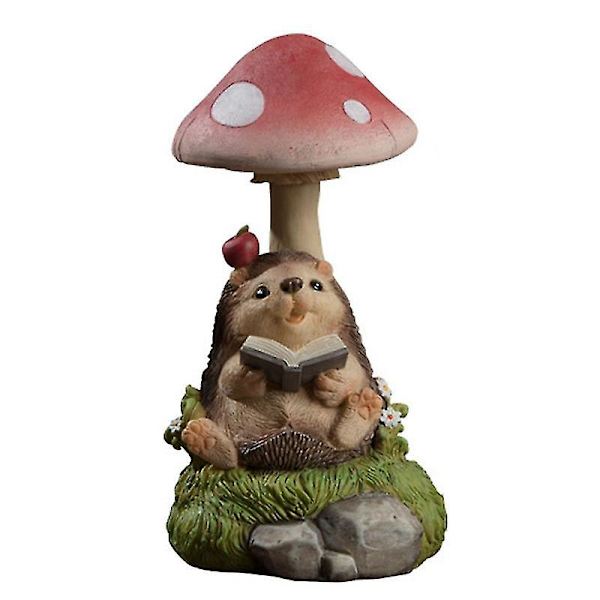 Havefigur af Svampe og Pindsvin med Solcelle, Havedekoration i Resin