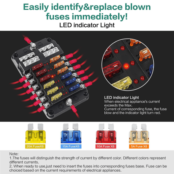 12-tie fuse box, 12v fuse holder, Ato 32v 100a with 12 LED indicator lights, waterproof protective cover, fuse box with 24 car blade fuse for car auto