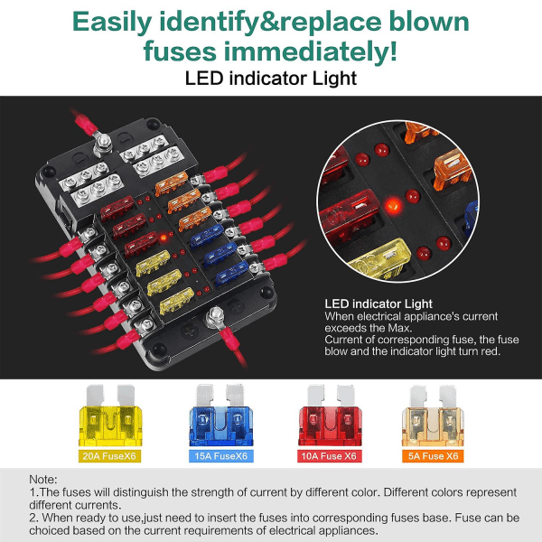 12-vägs säkringsdosa, 12v säkringshållare, Ato 32v 100a med 12 led indikatorlampor Vattentätt cover, säkringsdosa med 24 bilbladssäkringar för bil bil