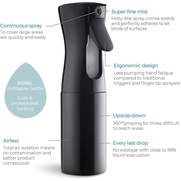 Hårsprayflaska, kontinuerlig vatten tom mister sprayflaska - 160 ml tomma sprayflaskor (svart)