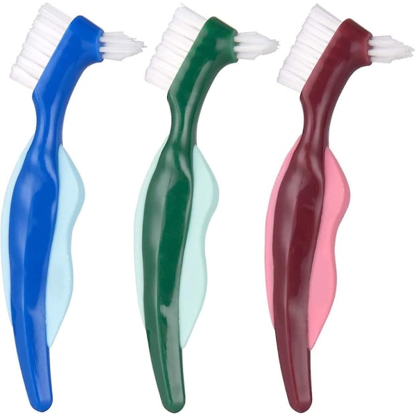 Premium hard protesebørste tannbørste, bærbar protese dobbeltsidig børste, flerlags børster i 3 forskjellige farger, vedlikeholde hulen