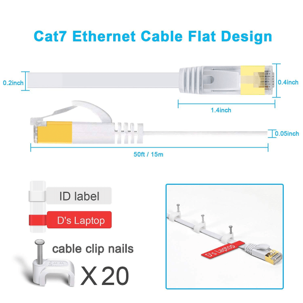 20 m platt Ethernet-kabel Lång Kat. 7 höghastighets Gigabit Lan-kabel 10gbps Rj45 Stp Internet Patch-kabel kompatibel med Cat5 Cat6 Ca