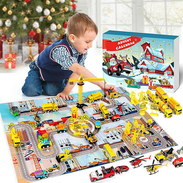 Bilar Adventskalender för barn pojkar 2023 Jul, 24 Pull Back Fordon Playsets Med Kran Helikopter Traktor Konstruktion Tru