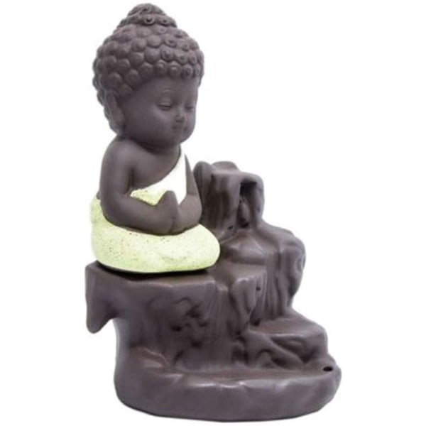 Røgelsebrænder, røg, vandfald, tilbagesvalingsstativ, keramisk porcelæn, Buddha-statue, lille munktårn, konisk stang, askeopsamler, med 20 tilbagesvalingsrøgelse