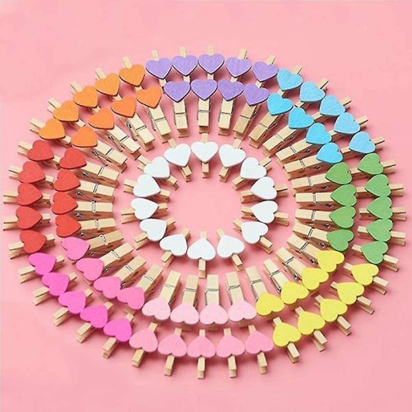 100 st träpinnar Hjärta klädnypor - 3 cm minipinnar Dekorativa pinnar i 10 färger (färgglada / 100 st), slumpmässig färg