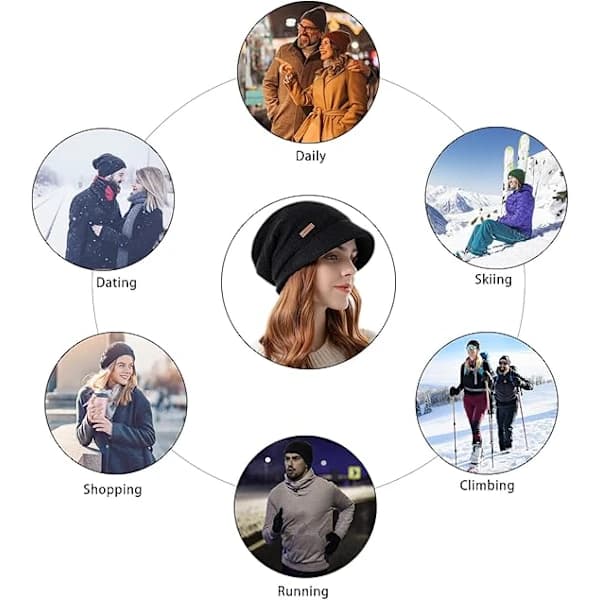 Stickad vinter basker för damer med fleecefoder, newsboy-mössa, med brätte och öronmuffar.