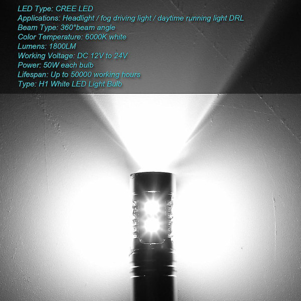 2x H1 LED-ajovalolamppujen muuntokitti, korkea ja matala säde, sumuvalo, 100W, 6000K