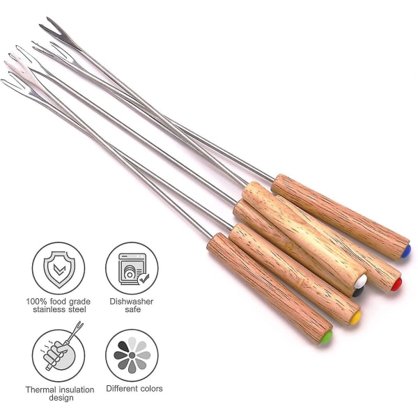 Set Of 6 Stainless Steel Fondue Forks With Wooden Handle Heat Resistant 24cm