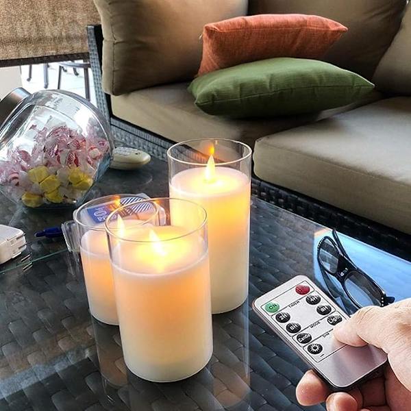 Rena vita flimmerande batteridrivna ljus, glas LED-pelarljus med fjärrkontroll och timer, rörlig låga, vax, set om 3