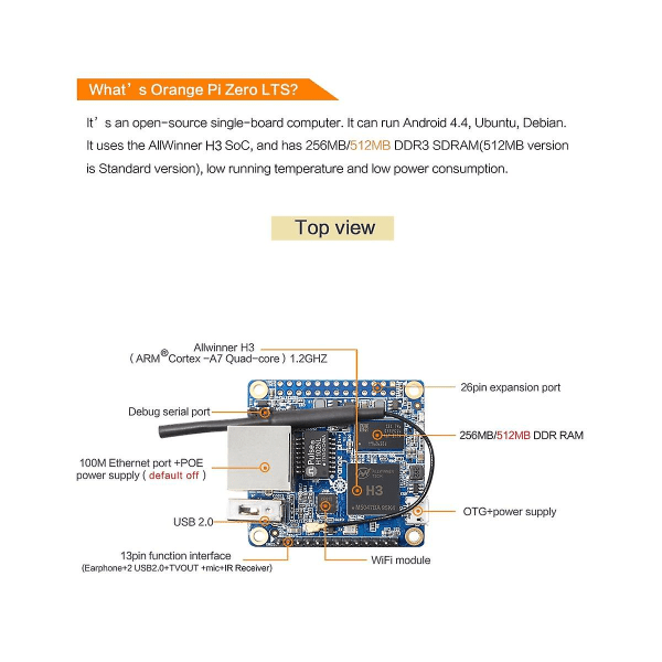 Orange Pi Zero 512mb H3 -kerne, open source Single Board Computer, Kør Android 4.4, , Debian