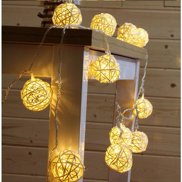 9,8 fot 20 Rattan Ball Fairy String Lights Plug In, romantisk varm belysning for hjemmeinnredning (varm hvit)