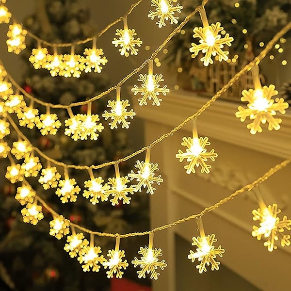 Dekorationer Indendørs Udendørs ，Julelys 19,6 ft 40 LED Snefnug Lys Vægdekoration Batteri Lyskæde，Vandtætte Lys til Ferie Bryllup Pa