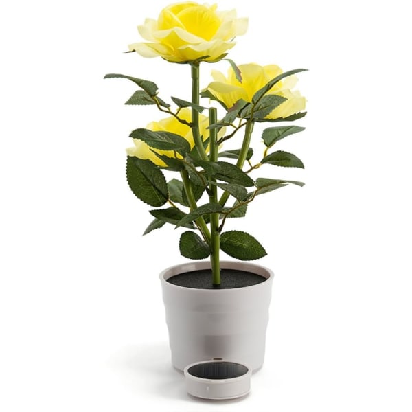 Solcelle Blomst Pot LED Lys Rose Blomst Bordlampe 3 Lys Blomst LED Fleksibel Blomst Skrivebordslampe til Hjem Hage Rom Dekorasjon (Gul)