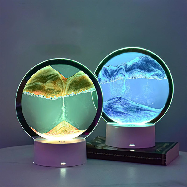 Led Moving Sand Art Skrivbordslampa Bord USB Lampa Timglas Nattljus Landskap (färg: blå)