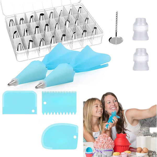 Bagesæt med 24 sprøjtetyller, 2 sprøjteposer, kagedekorationsværktøj, glasurdispensere, 2 koblinger, 3 plastspa" +
    "tler, 1 blomsternegl