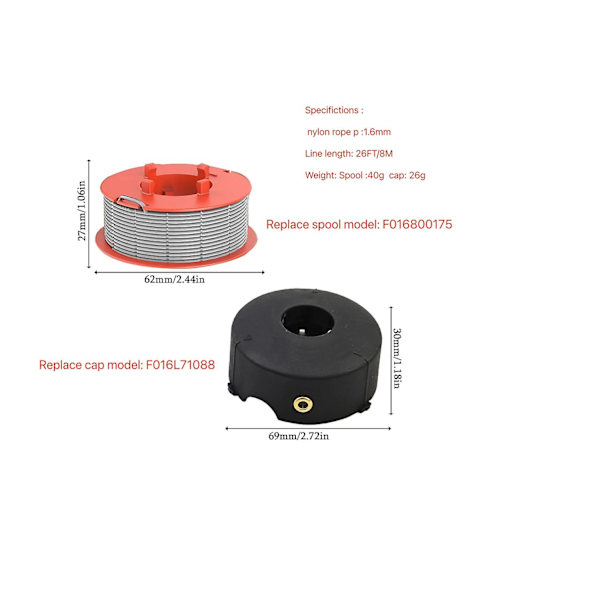 2 Spoler Tråd Snelle + 1 Spolelokk for Bosch ART 23 COMBITRIM/ART 26 COMBITRIM Gressklipper, F016800175