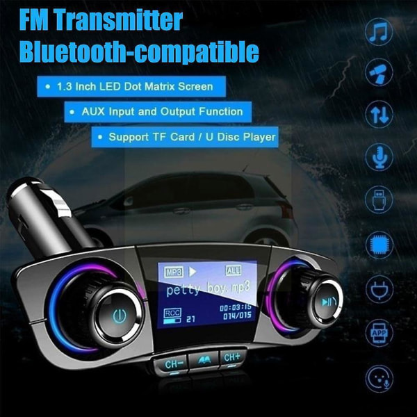 Modulaattori Aux LED-näytöllä, FM-lähetin, Bluetooth 5.0, MP3-ääni, kaksoisvapaa kädet, älykäs USB-laturi autoon, soitinsarja