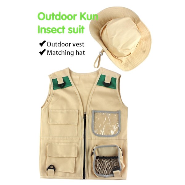 Udendørs sæt, ungt barns khaki vest og hat behageligt og holdbart explorer kostume rollespil legetøj