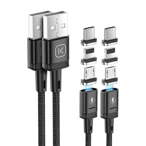 3-i-1 Magnetisk Opladningskabel, 3A Hurtig Opladning Telefonopladerkabler Nylonflettet Med LED Lys Magnetisk USB Opladningsledning Til Mi