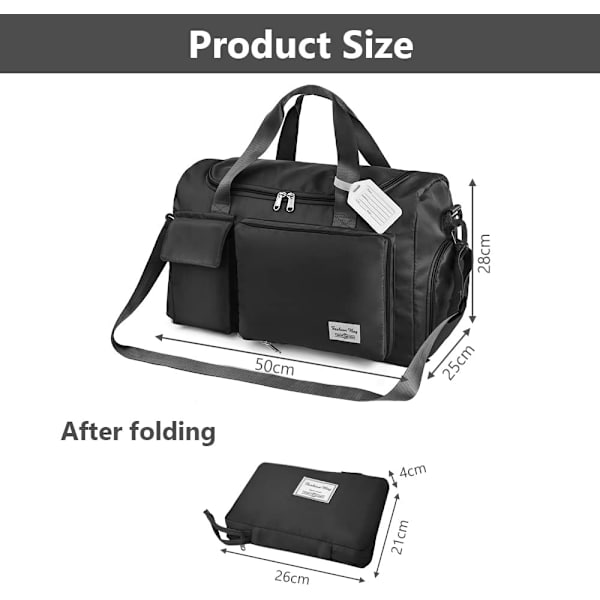 Rejsetaske, Foldbar Gymtaske Overnight Weekendtasker til Kvinder, Let Hospitalspose med Vådt og Tørt Adskillelse, Stor Holdall Taske Cabi