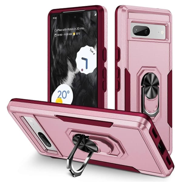 Til Google Pixel 7a-deksel Militærgradert ringstativ PC + TPU-telefondeksel Pink/Rose
