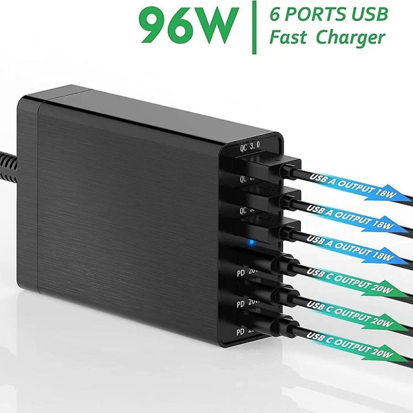 96w 6-ports stationär USB laddningsstation med 3 usb-c-portar och Qc3.0-portar, 20w snabbladdare Eu Plus