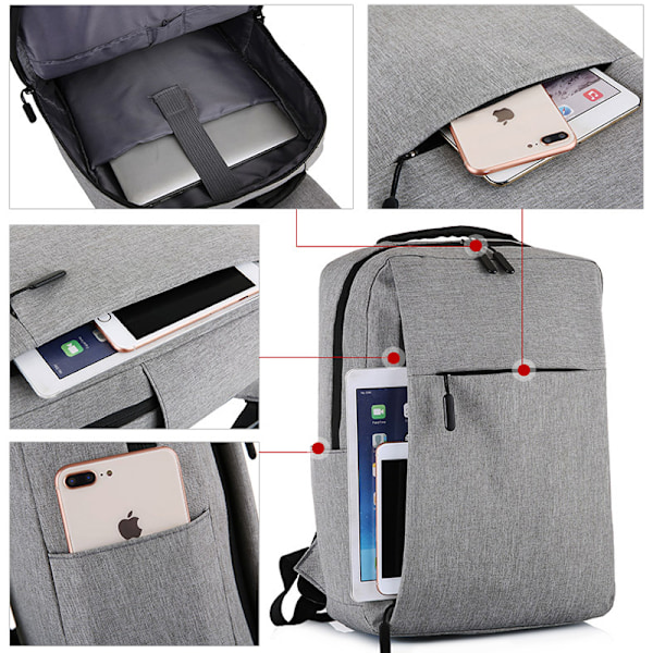 15,6-tommers bærbar PC-ryggsekk for menn, nylon skolesekk med USB-lading, vanntett gray 33X16X47CM 1377