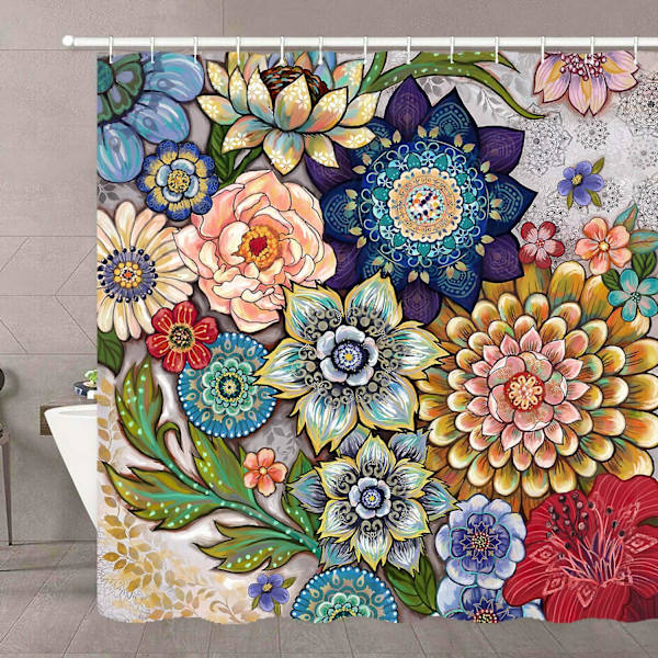 Boho Blomster Bruseforhæng Til Badeværelse, Lyst Stof Blomster Bruseforhæng Med 12 Kroge, Multi