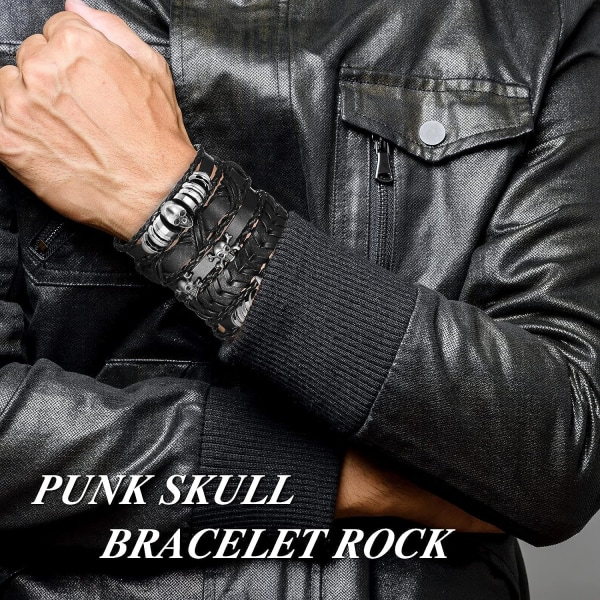 6 stk sorte flettede læderarmbånd til mænd Punk Skull Armbånd Rock Herre håndledsarmbånd Justerbare Punk smykker til mænd kvinder