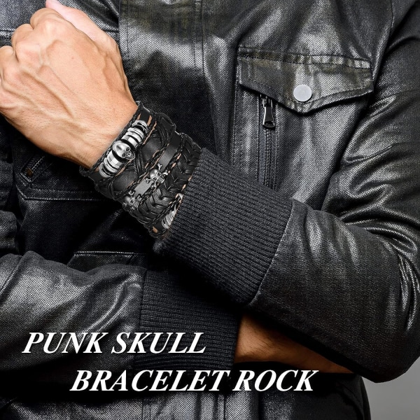 6 stk. sorte flettede læderarmbånd til mænd Punk Skull Armbånd Rock Mænds Håndledsarmbånd Justerbar Punk Smykker til mænd og kvinder