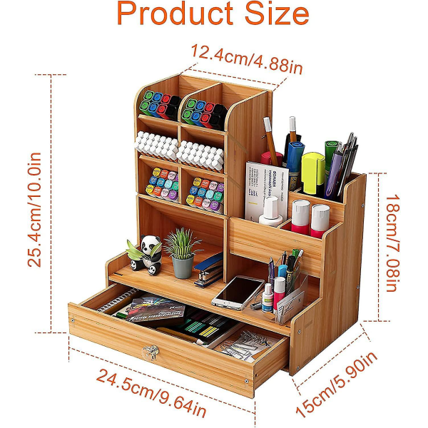 Træskrivebordsorganisator Gør-det-selv-skrivebord Tidy Penholder Stor Kapacitet Papir-opbevaringsboks med skuffe til hjemmet, kontoret og skolen (b