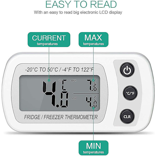 Kyl- och frystermometer, Ipx3 Vattentät Digital Termometer för Minikylskåp och Frys med Haken, LCD D