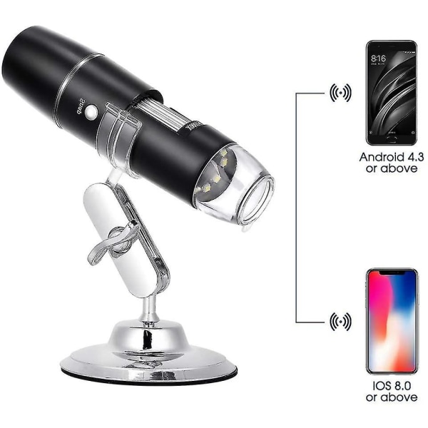 Digitalt mikroskop 50x till 1000x, USB wifi mikroskop trådlöst digitalt mini handhållet endoskop inspektionskamera med 8 justerbara led-lampor, kompatibla