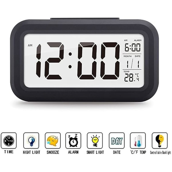 Digital väckarklocka, multifunktionell LCD elektronisk klocka med stor skärm batteridriven, bakgrundsbelysning sensor touch LED-klocka med tid temperatur da