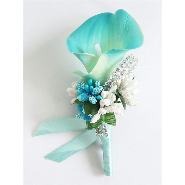 Calla Lily Blå Boutonniere Sett med 4 Håndlagde Silkeblomster med Bånd Corsage for Brud Brudgom Bryllupsfest