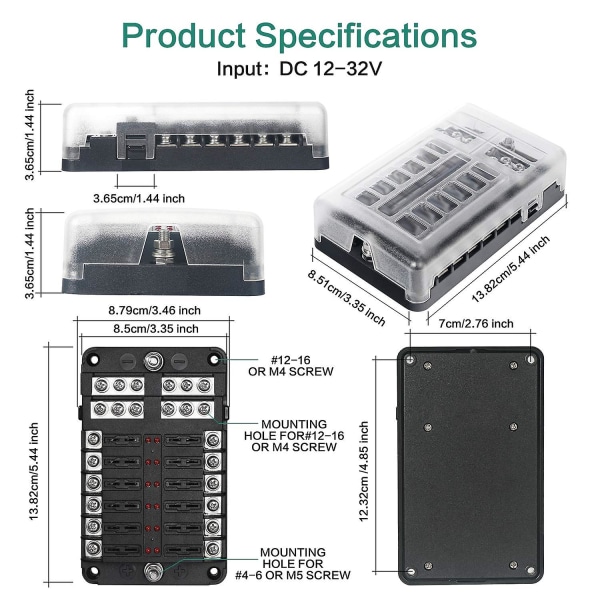 12-tie fuse box, 12v fuse holder, Ato 32v 100a with 12 LED indicator lights, waterproof protective cover, fuse box with 24 car blade fuse for car auto