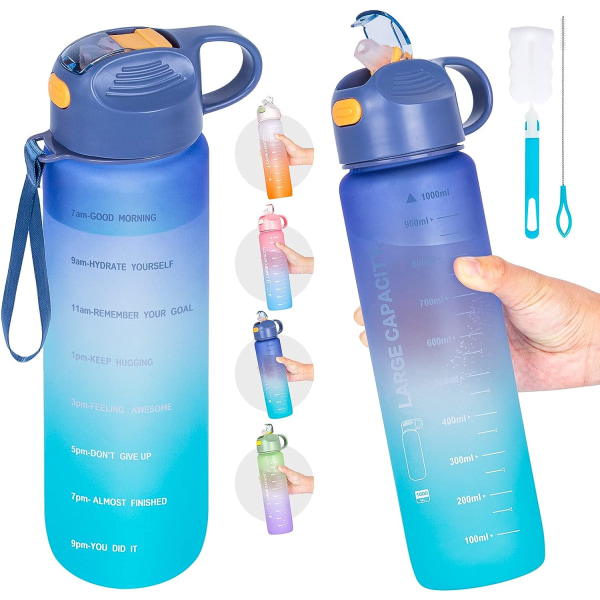 Vattenflaska 1L, sportvattenflaska med sugrör & tidbryggare, dryckesflaska med flaskborste och filter, läckagesäker, BPA-fri Pla