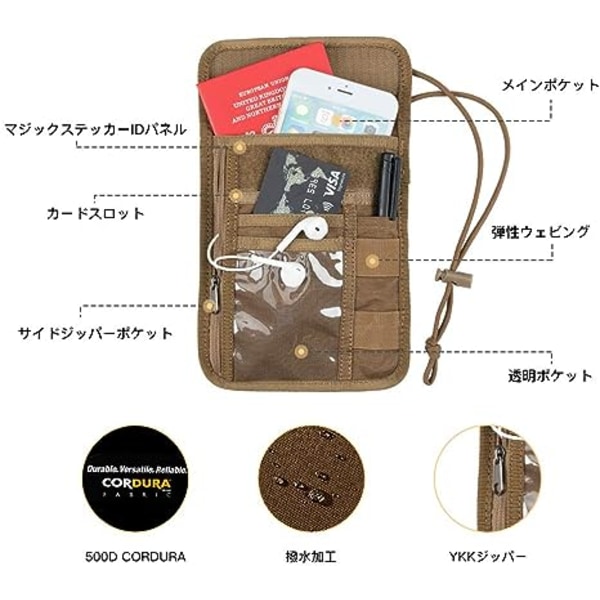 Passholder nakkepose RFID-blokkerende reisehals Lommebok ID-kort-organiseringsveske med halssnor (Coyote Brown)