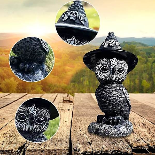 Magisk Ugle Statue Figur, Gyser Mystisk Harpiks Ugle med Heksehat, Dyreskulptur Sjov Have Statue Figur Skulptur til Indendørs Hjem Soveværelse