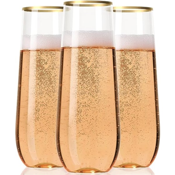30 champagneflöjter utan stam av plast - Okrossbara engångsglas på 9 Oz, med guldkant | Återanvändbar, klar, snygg och splittrad Champagne G